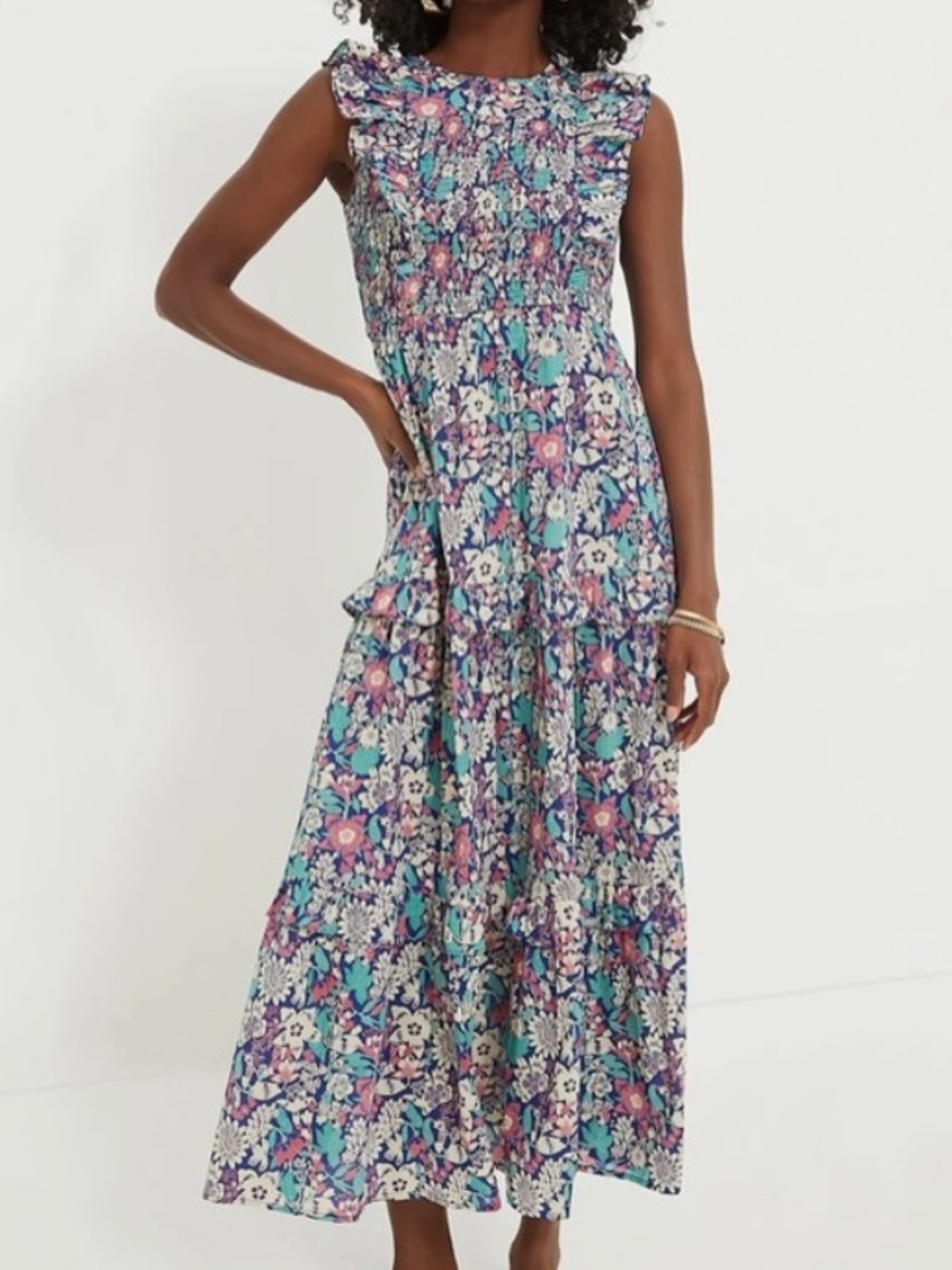 Banjanan Blue Anna’s Wild Garden Iris Dress Smocked Ruffles Tiered Skirt Pockets
